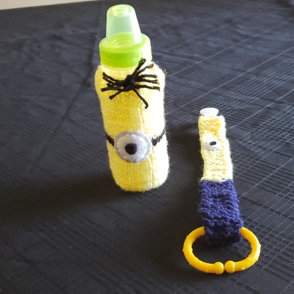 Knit Baby Bottle Cozy and Pacifier/Teether Holder.